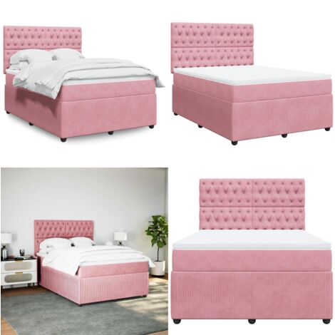 Cama box spring con colchón terciopelo rosa 140x200 cm - Colchón de muelles ensacados - Cama con cabecero ajustable