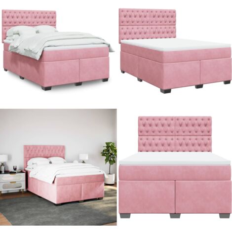 Cama box spring con colchón terciopelo rosa 140x200 cm - Colchón de muelles ensacados - Cama con cabecero ajustable