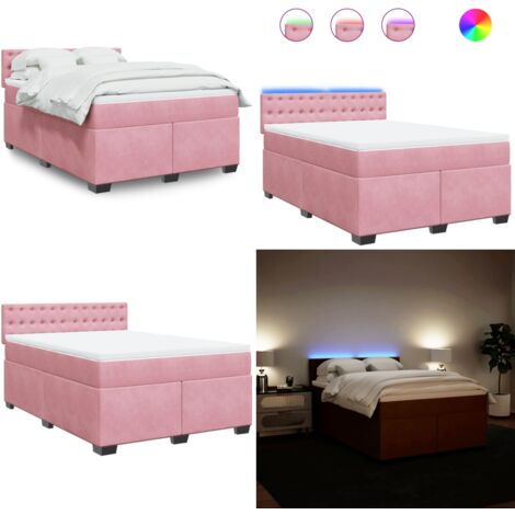 Cama box spring con colchón terciopelo rosa 140x200 cm - Colchón de muelles ensacados - Cama con luces LED