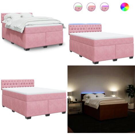 Cama box spring con colchón terciopelo rosa 140x200 cm - Colchón de muelles ensacados - Cama con luces LED
