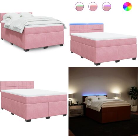 Cama box spring con colchón terciopelo rosa 140x200 cm - Colchón de muelles ensacados - Cama con luces LED