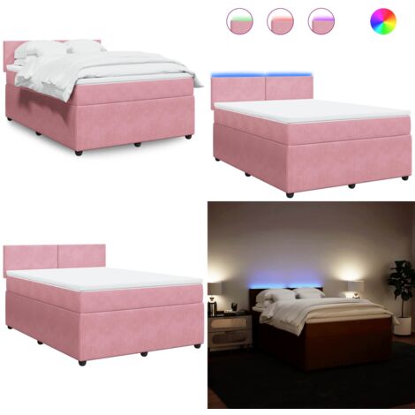Cama box spring con colchón terciopelo rosa 140x200 cm - Colchón de muelles ensacados - Cama con luz LED