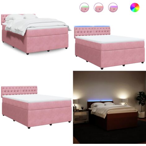 Cama box spring con colchón terciopelo rosa 140x200 cm - Colchón de muelles ensacados - Cama con luz LED