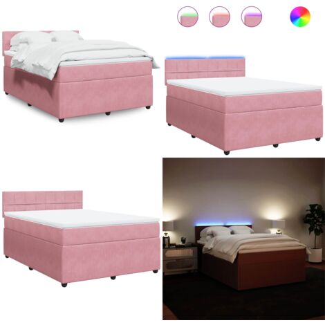 Cama box spring con colchón terciopelo rosa 140x200 cm - Colchón de muelles ensacados - Cama con luz LED