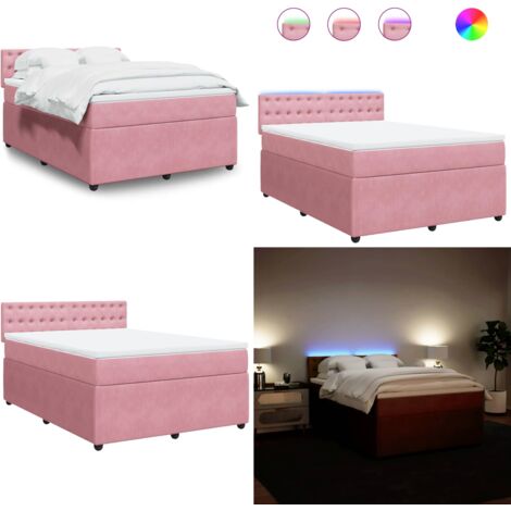 Cama box spring con colchón terciopelo rosa 140x200 cm - Colchón de muelles ensacados - Cama con luz LED