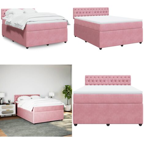 Cama box spring con colchón terciopelo rosa 140x200 cm - Colchón de muelles ensacados - Cama de muelles