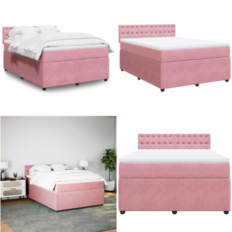 Cama box spring con colchón terciopelo rosa 140x200 cm - Colchón de muelles ensacados - Cama de muelles