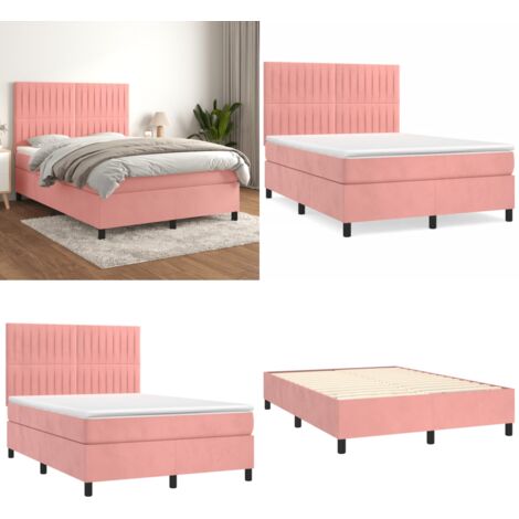 Cama box spring con colchón terciopelo rosa 140x200 cm - Colchón de muelles ensacados - Terciopelo rosa