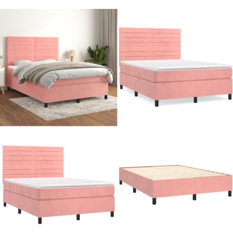 Cama box spring con colchón terciopelo rosa 140x200 cm - Colchón de muelles ensacados - Terciopelo rosa