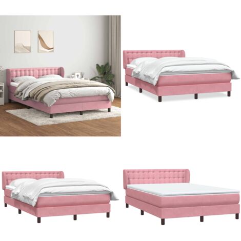 Cama box spring con colchón terciopelo rosa 140x220 cm - Colchón de muelles - Cama con cabecero