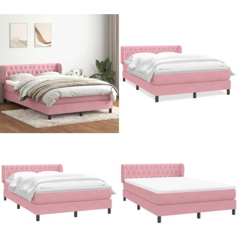 Cama box spring con colchón terciopelo rosa 140x220 cm - Colchón de muelles - Cama con cabecero