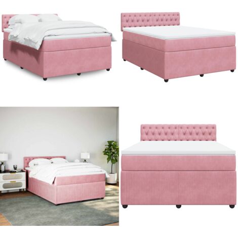 Cama box spring con colchón terciopelo rosa 160x200 cm - Colchón de muelles - Cama de muelles ensacados