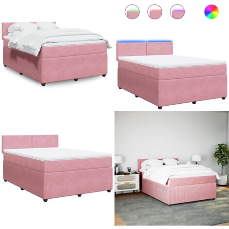 Cama box spring con colchón terciopelo rosa 160x200 cm - Colchón de muelles ensacados - Cama con luz LED