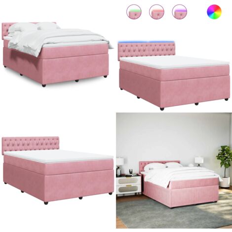 Cama box spring con colchón terciopelo rosa 160x200 cm - Colchón de muelles ensacados - Cama con luz LED