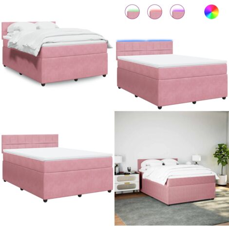 Cama box spring con colchón terciopelo rosa 160x200 cm - Colchón de muelles ensacados - Cama con luz LED