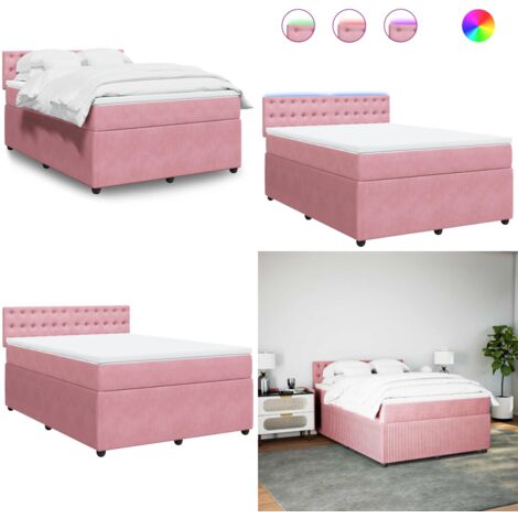 Cama box spring con colchón terciopelo rosa 160x200 cm - Colchón de muelles ensacados - Cama con luz LED