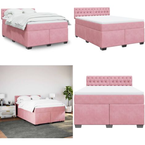 Cama box spring con colchón terciopelo rosa 160x200 cm - Colchón de muelles ensacados - Cama de muelles