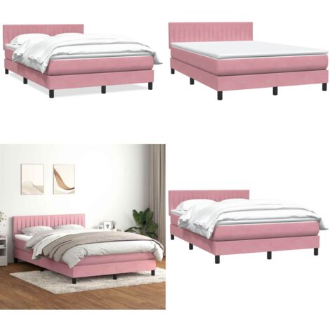 Cama box spring con colchón terciopelo rosa 160x210 cm - Colchón de muelles ensacados - Cama con cabecero ajustable