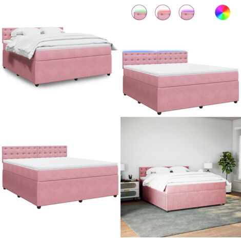 Cama box spring con colchón terciopelo rosa 180x200 cm - Colchón de muelles ensacados - Cama con luz LED