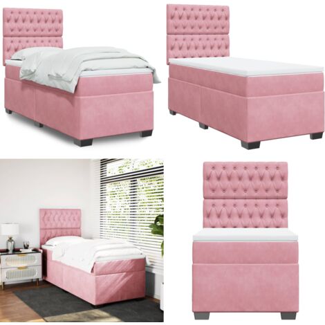 Cama box spring con colchón terciopelo rosa 90x190 cm - Colchón de muelles - Cama de muelles ensacados