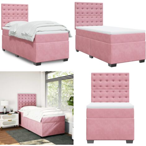Cama box spring con colchón terciopelo rosa 90x190 cm - Colchón de muelles - Cama de muelles ensacados