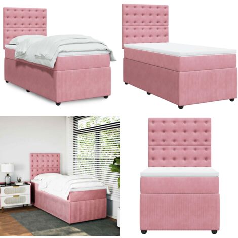 Cama box spring con colchón terciopelo rosa 90x190 cm - Colchón de muelles - Cama de muelles ensacados