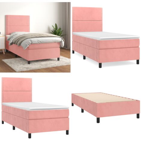 Cama box spring con colchón terciopelo rosa 90x190 cm - Colchón de muelles - Cama de terciopelo