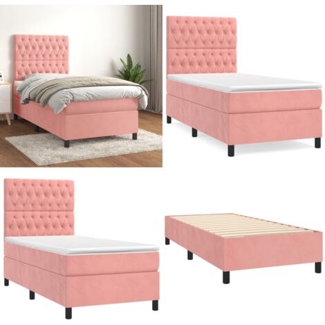 Cama box spring con colchón terciopelo rosa 90x190 cm - Colchón de muelles - Cama de terciopelo