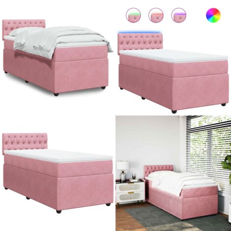 Cama box spring con colchón terciopelo rosa 90x190 cm - Colchón de muelles ensacados - Cama con luz LED