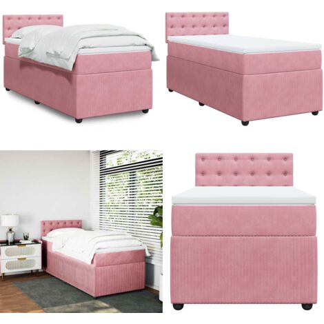 Cama box spring con colchón terciopelo rosa 90x190 cm - Colchón de muelles ensacados - Cama de muelles