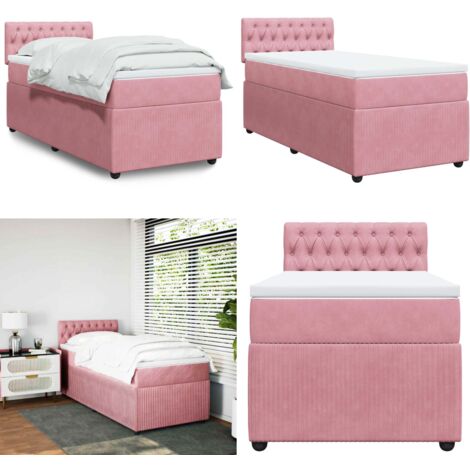 Cama box spring con colchón terciopelo rosa 90x190 cm - Colchón de muelles ensacados - Cama de muelles