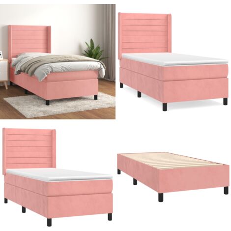 Cama box spring con colchón terciopelo rosa 90x190 cm - Colchón de muelles - Terciopelo rosa