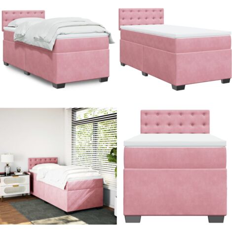 Cama box spring con colchón terciopelo rosa 90x200 cm - Colchón de muelles ensacados - Cama con cabecero