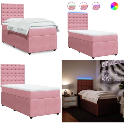 Cama box spring con colchón terciopelo rosa 90x200 cm - Colchón de muelles ensacados - Cama con luz LED