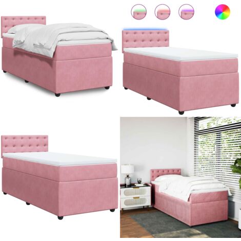 Cama box spring con colchón terciopelo rosa 90x200 cm - Colchón de muelles ensacados - Cama con luz LED