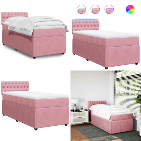 Cama box spring con colchón terciopelo rosa 90x200 cm - Colchón de muelles ensacados - Cama con luz LED