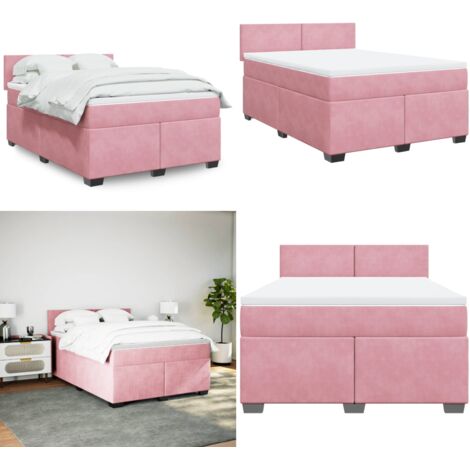 Cama box spring con colchón terciopelo rosa oscuro 140x200 cm - Colchón de muelles ensacados - Cama de muelles