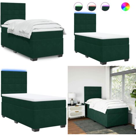 Cama box spring con colchón terciopelo verde oscuro 100x200 cm - Colchón de muelles - Cama con luz LED