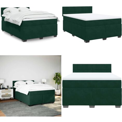 Cama box spring con colchón terciopelo verde oscuro 140x200 cm - Colchón de muelles - Cama de muelles ensacados