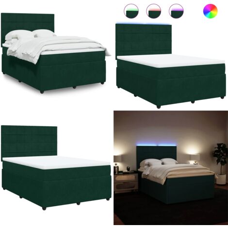 Cama box spring con colchón terciopelo verde oscuro 140x200 cm - Colchón de muelles ensacados - Cama con luz LED