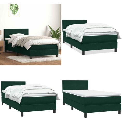 Cama box spring con colchón terciopelo verde oscuro 80x220 cm - Colchón de muelles ensacados - Cama con cabecero ajustable