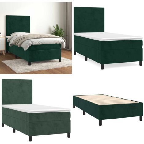 Cama box spring con colchón terciopelo verde oscuro 90x200 cm - Colchón de muelles - Cama de muelles
