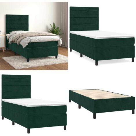 Cama box spring con colchón terciopelo verde oscuro 90x200 cm - Colchón de muelles - Cama de muelles