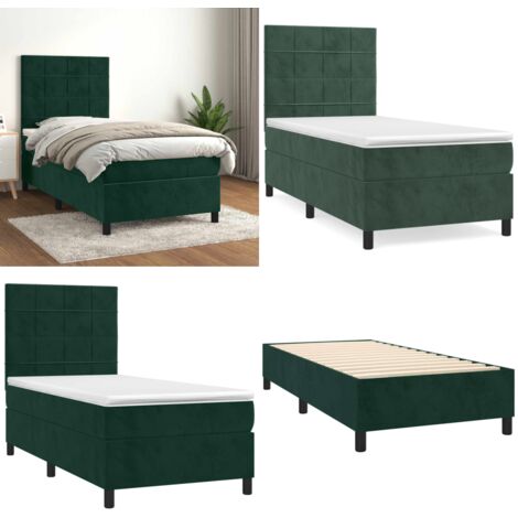 Cama box spring con colchón terciopelo verde oscuro 90x200 cm - Colchón de muelles - Cama de muelles