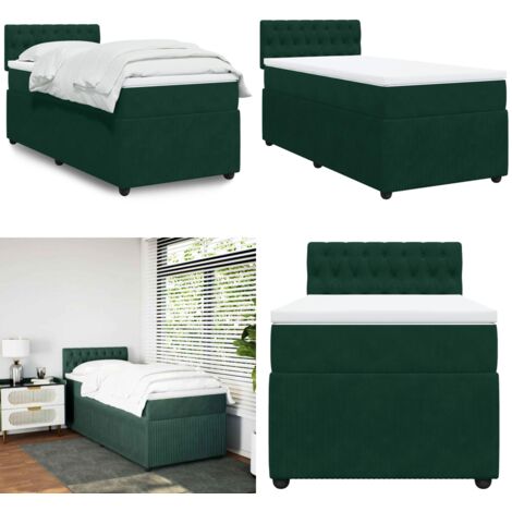 Cama box spring con colchón terciopelo verde oscuro 90x200 cm - Colchón de muelles ensacados - Cama con cabecero