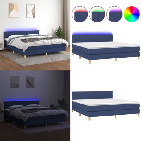 Cama box spring con colchón y LED tela azul 160x200 cm - Cama con cabecero ajustable - Cama con muelles ensacados