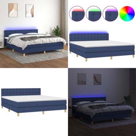 Cama box spring con colchón y LED tela azul 160x200 cm - Cama con cabecero ajustable - Cama con muelles ensacados