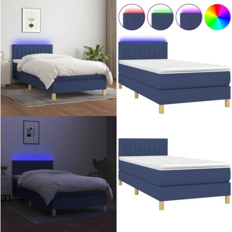 Cama box spring con colchón y LED tela azul 80x200 cm - Cama con cabecero ajustable - Cama con muelles ensacados