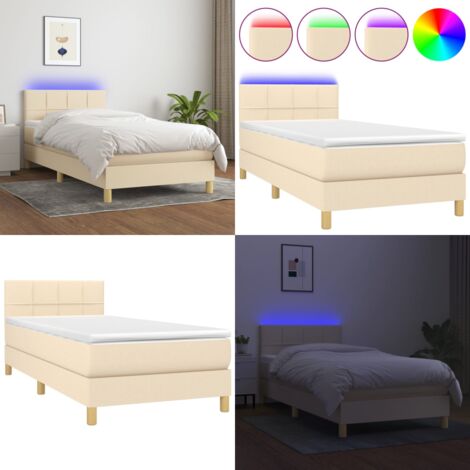 Cama box spring con colchón y LED tela crema 80x200 cm - Cama con LED - Colchón con muelles ensacados