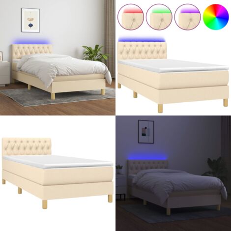 Cama box spring con colchón y LED tela crema 90x190 cm - Cama con led - Cama con luz led